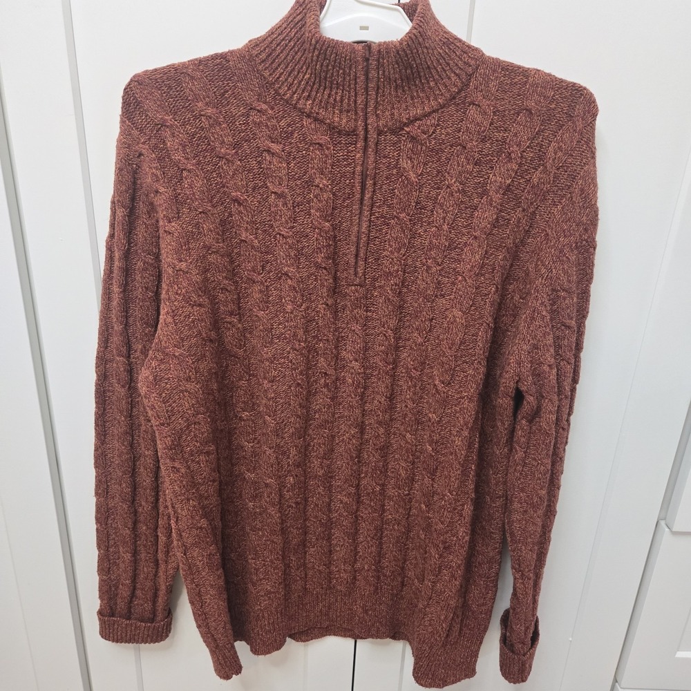 Cabela's Outfitter Series Cable Knit‎ Sweater Mens Large 1/4 Zip Wool Blend Rust